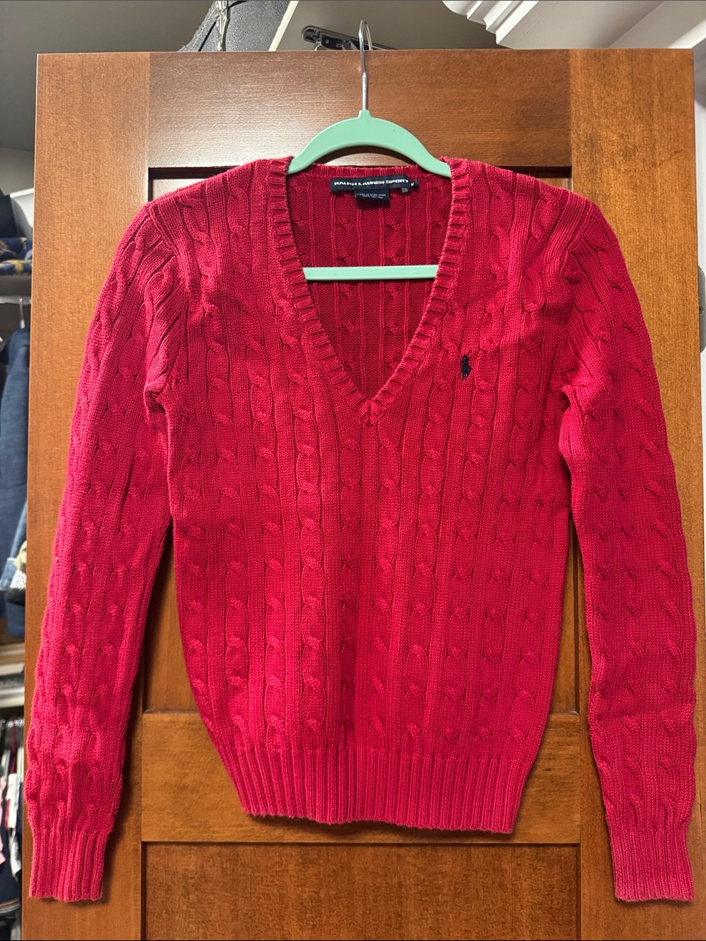 Ralph Lauren Women's Red V-Neck Cable Knit Sweater